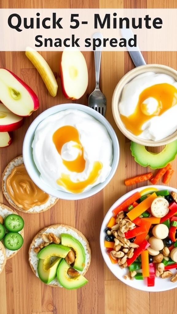 A variety of quick snacks including apples with nut butter, yogurt with honey, rice cakes with avocado, and mixed nuts on a rustic table.